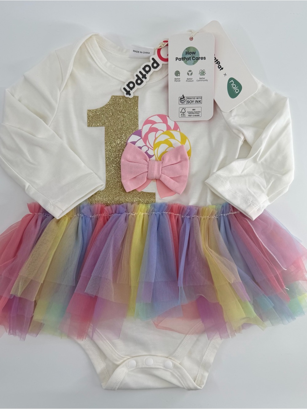PatPat White First Birthday Tutu Bodysuit with Gold Glitter 1 and Pink Bow